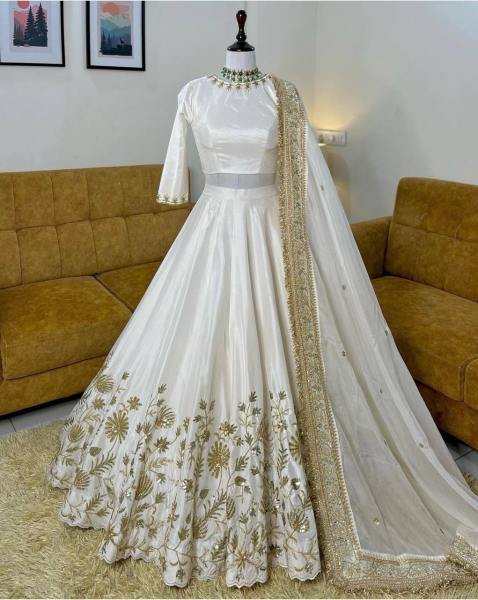 Exquisite White Slub Silk Zari Sequins Lehenga Choli Set For Womans At Best Rates Designer Lehenga Choli