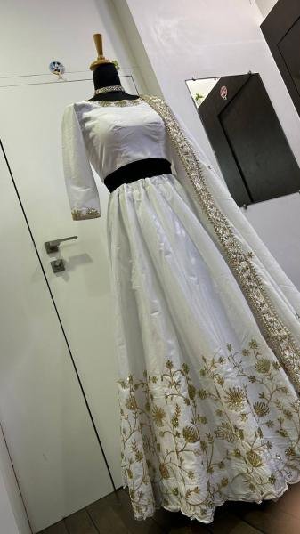 Exquisite White Slub Silk Zari Sequins Lehenga Choli Set For Womans At Best Rates Designer Lehenga Choli