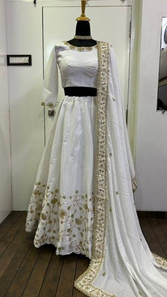 Exquisite White Slub Silk Zari Sequins Lehenga Choli Set For Womans At Best Rates Designer Lehenga Choli