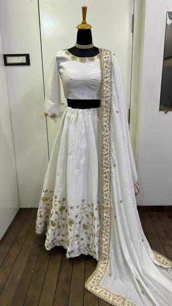 Exquisite White Slub Silk Zari Sequins Lehenga Choli Set For Womans At Best Rates Designer Lehenga Choli
