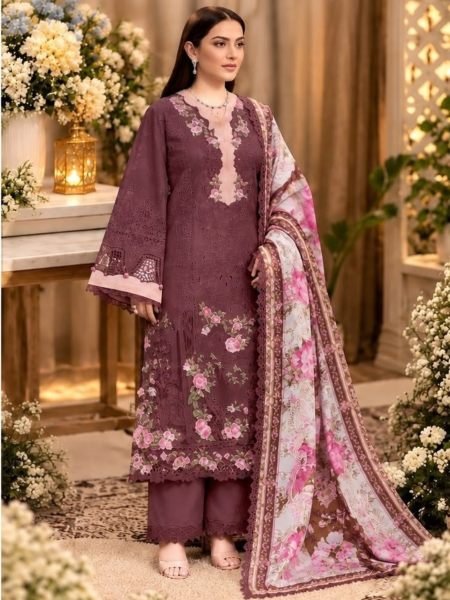 Exquisite Wine Semistitch Cotton Chikankari Suit with Maslin Dupatta 