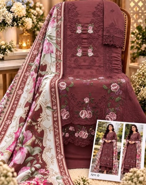 Exquisite Wine Semistitch Cotton Chikankari Suit with Maslin Dupatta Pakistani Suits Wholesale
