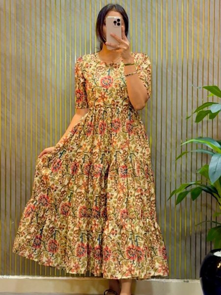 Exquisite Yellow Cambric Cotton Kalamkari Printed Midi Dress with Mobile Pocket Kurtis