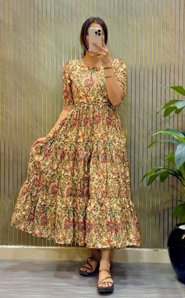 Exquisite Yellow Cambric Cotton Kalamkari Printed Midi Dress with Mobile Pocket Western Ladies Top Wholesale
