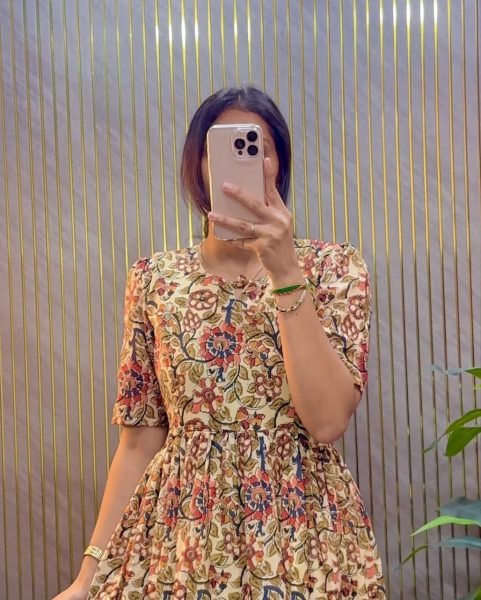 Exquisite Yellow Cambric Cotton Kalamkari Printed Midi Dress with Mobile Pocket Western Ladies Top Wholesale