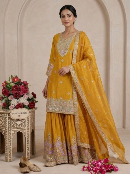 Exquisite Yellow Chinon Silk Sharara Suit with Sequence Embroidery Work Ready To Wear Suit