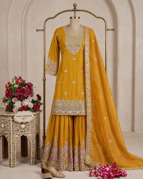 Exquisite Yellow Chinon Silk Sharara Suit with Sequence Embroidery Work Ready To Wear Collection