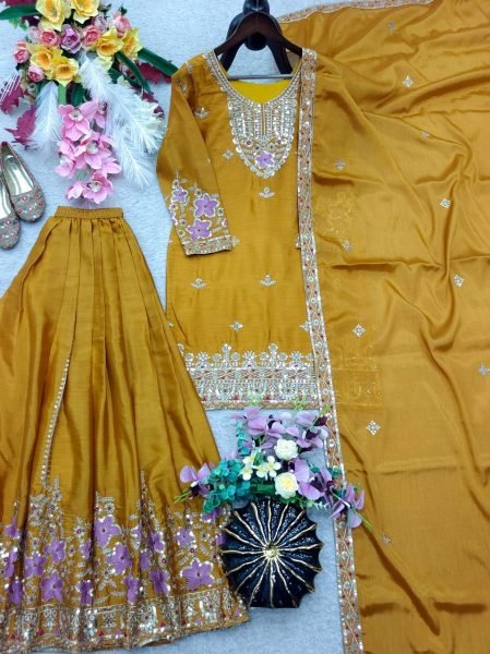Exquisite Yellow Chinon Silk Sharara Suit with Sequence Embroidery Work Ready To Wear Collection