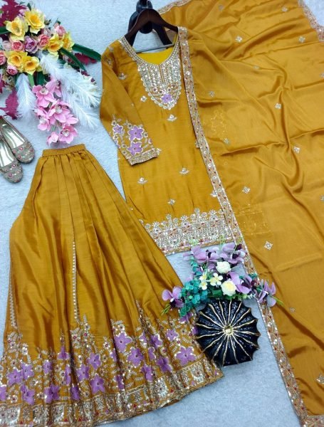 Exquisite Yellow Chinon Silk Sharara Suit with Sequence Embroidery Work Ready To Wear Collection