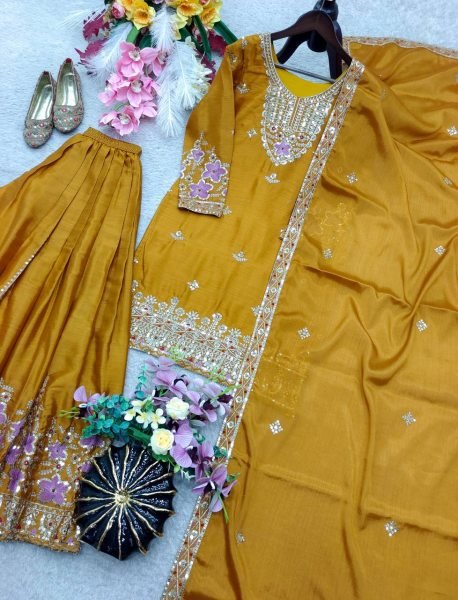 Exquisite Yellow Chinon Silk Sharara Suit with Sequence Embroidery Work Ready To Wear Collection