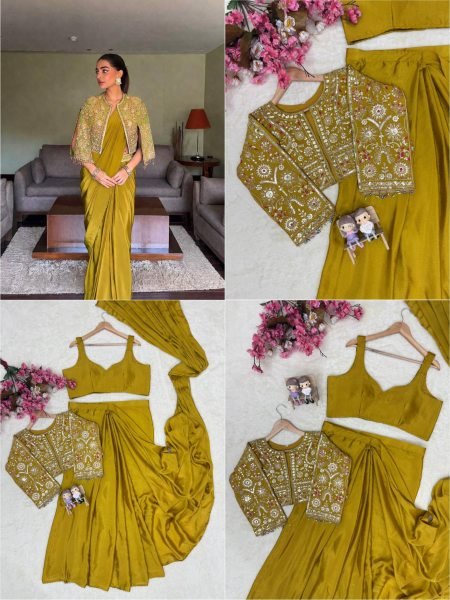 Exquisite Yellow Designer Lehenga Saree Set with Zari Embroidery Koti Ready To Wear Saree 