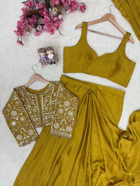 Exquisite Yellow Designer Lehenga Saree Set with Zari Embroidery Koti Ready To Wear Saree 
