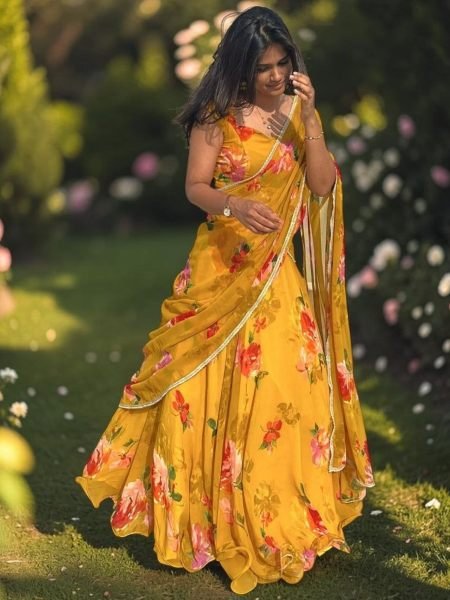 Exquisite Yellow Georgette Digital Print Lehenga Saree with Lace Border For Wedding Sarees 