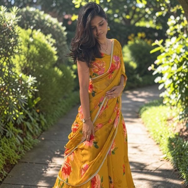 Exquisite Yellow Georgette Digital Print Lehenga Saree with Lace Border For Wedding Ready To Wear Saree 