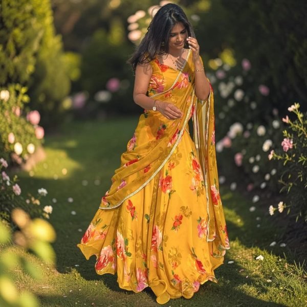 Exquisite Yellow Georgette Digital Print Lehenga Saree with Lace Border For Wedding Ready To Wear Saree 