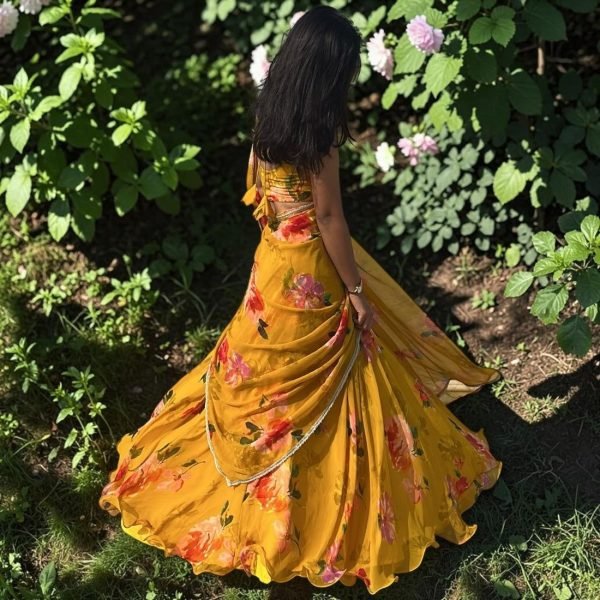 Exquisite Yellow Georgette Digital Print Lehenga Saree with Lace Border For Wedding Ready To Wear Saree 