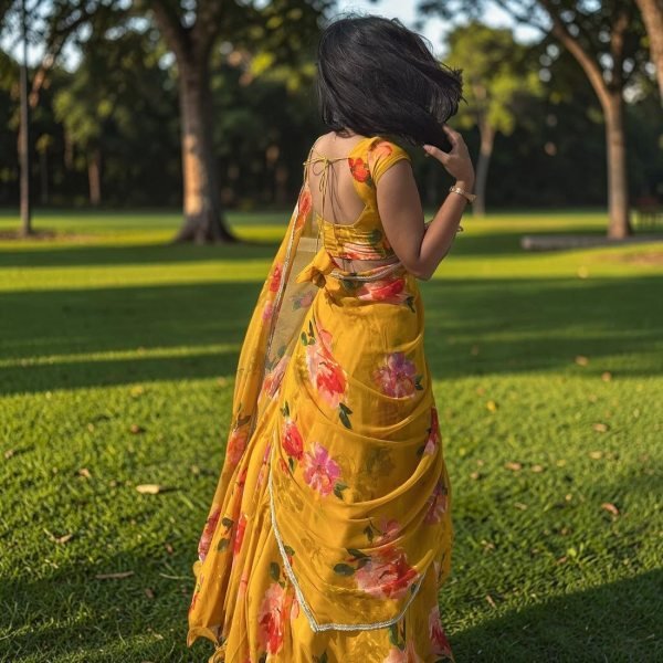 Exquisite Yellow Georgette Digital Print Lehenga Saree with Lace Border For Wedding Ready To Wear Saree 