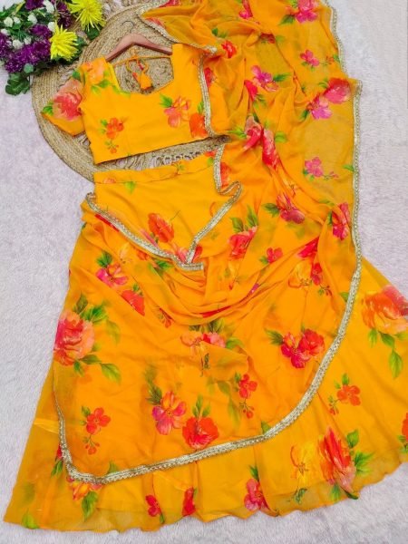 Exquisite Yellow Georgette Digital Print Lehenga Saree with Lace Border For Wedding Ready To Wear Saree 
