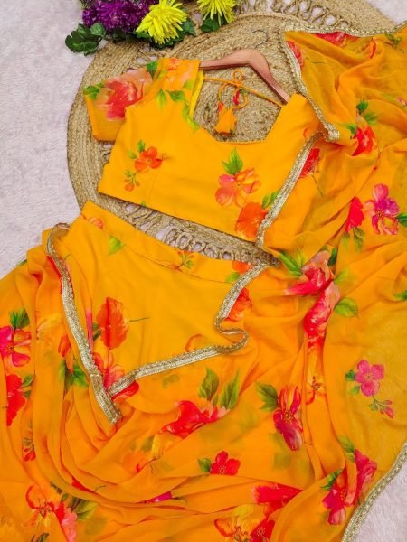 Exquisite Yellow Georgette Digital Print Lehenga Saree with Lace Border For Wedding Ready To Wear Saree 