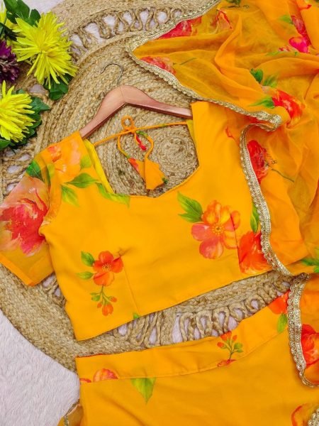 Exquisite Yellow Georgette Digital Print Lehenga Saree with Lace Border For Wedding Ready To Wear Saree 