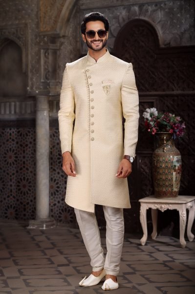 Exquisite Yellow Indo Western Outfit for Men Wedding and Party Wear Kurta Pajama Wholesale