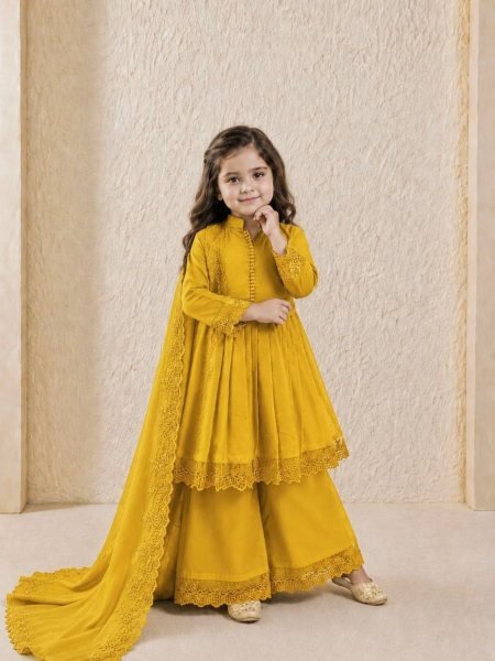 Exquisite Yellow Kids Roman Silk Gown Set with Embroidery Work and Matching Dupatta Kurtis