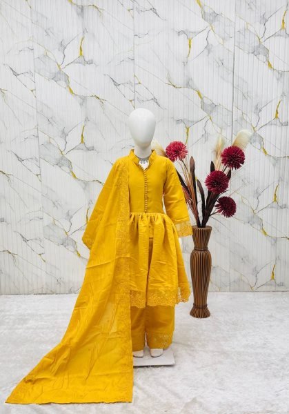 Exquisite Yellow Kids Roman Silk Gown Set with Embroidery Work and Matching Dupatta Girls Wear