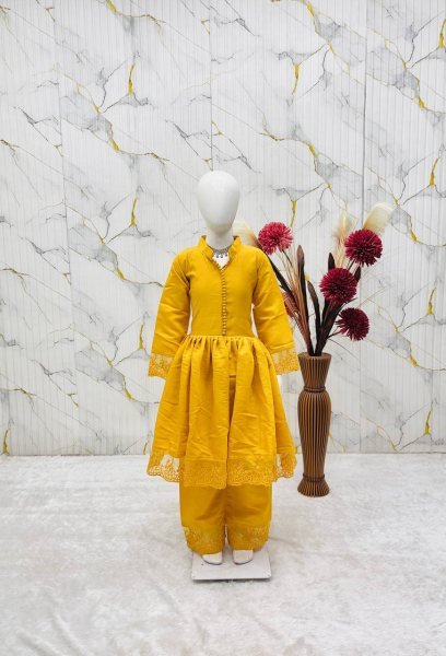 Exquisite Yellow Kids Roman Silk Gown Set with Embroidery Work and Matching Dupatta Girls Wear