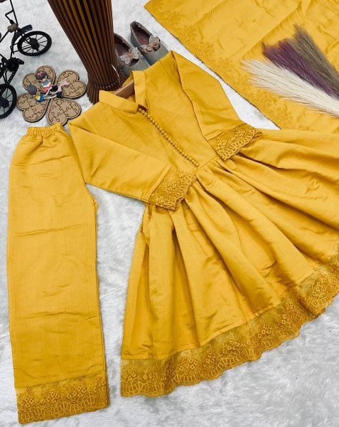 Exquisite Yellow Kids Roman Silk Gown Set with Embroidery Work and Matching Dupatta Girls Wear