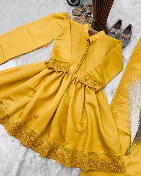 Exquisite Yellow Kids Roman Silk Gown Set with Embroidery Work and Matching Dupatta Girls Wear