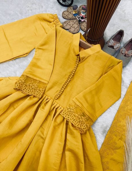 Exquisite Yellow Kids Roman Silk Gown Set with Embroidery Work and Matching Dupatta Girls Wear