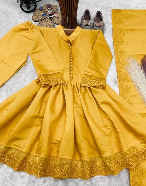Exquisite Yellow Kids Roman Silk Gown Set with Embroidery Work and Matching Dupatta Girls Wear