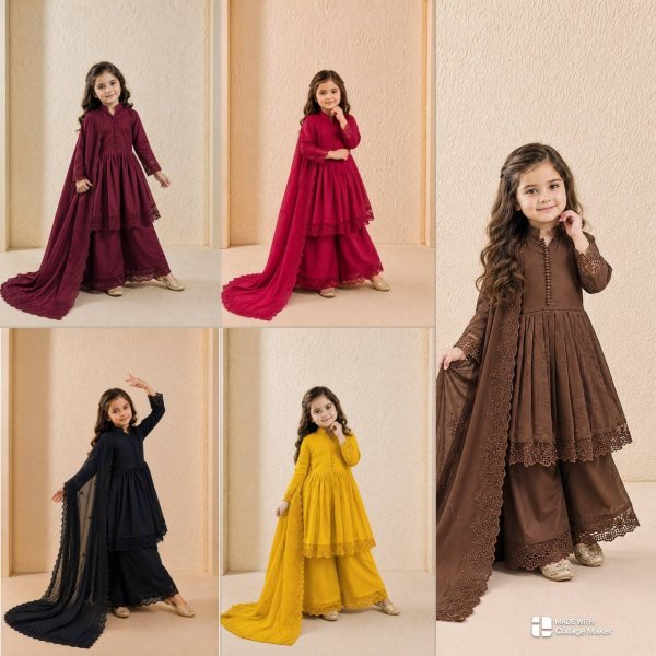 Exquisite Yellow Kids Roman Silk Gown Set with Embroidery Work and Matching Dupatta Girls Wear