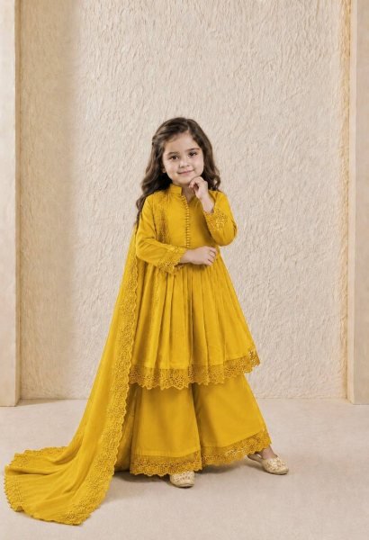 Exquisite Yellow Kids Roman Silk Gown Set with Embroidery Work and Matching Dupatta Girls Wear