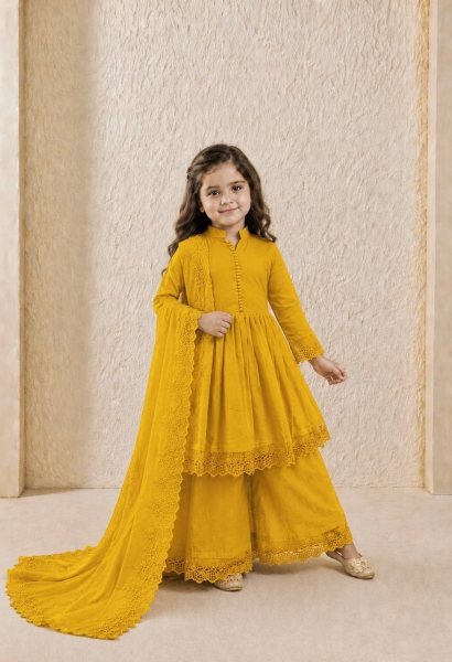 Exquisite Yellow Kids Roman Silk Gown Set with Embroidery Work and Matching Dupatta Girls Wear