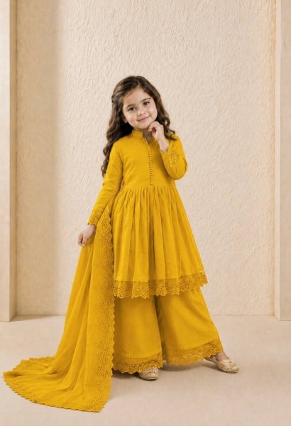Exquisite Yellow Kids Roman Silk Gown Set with Embroidery Work and Matching Dupatta Girls Wear