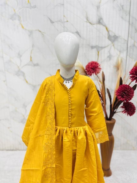 Exquisite Yellow Kids Roman Silk Gown Set with Embroidery Work and Matching Dupatta Girls Wear