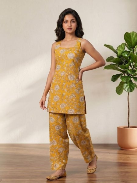 Exquisite Yellow Party Wear Farshi Co-Ord Set for Women in Soft Cotton Fabric Kurtis