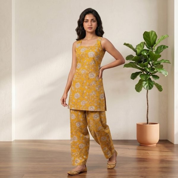 Exquisite Yellow Party Wear Farshi Co Ord Set for Women in Soft Cotton Fabric CO ORD Sets