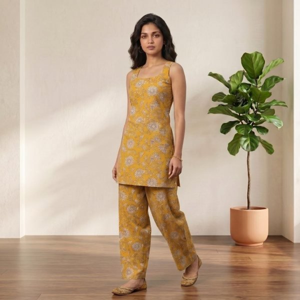 Exquisite Yellow Party Wear Farshi Co Ord Set for Women in Soft Cotton Fabric CO ORD Sets