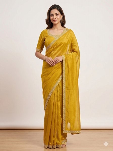 Exquisite Yellow Space Silk Party Wear Saree with Zarkan Diamond Work for Women Silk Sarees Wholesale