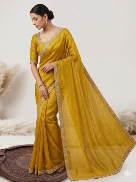 Exquisite Yellow Space Silk Party Wear Saree with Zarkan Diamond Work for Women Silk Sarees Wholesale