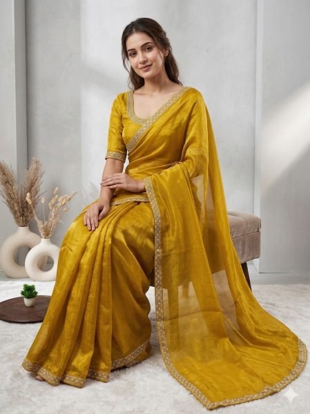 Exquisite Yellow Space Silk Party Wear Saree with Zarkan Diamond Work for Women Silk Sarees Wholesale