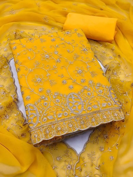 Exquisite Yellow Women's Georgette Dress Material with Traditional Zari Work 