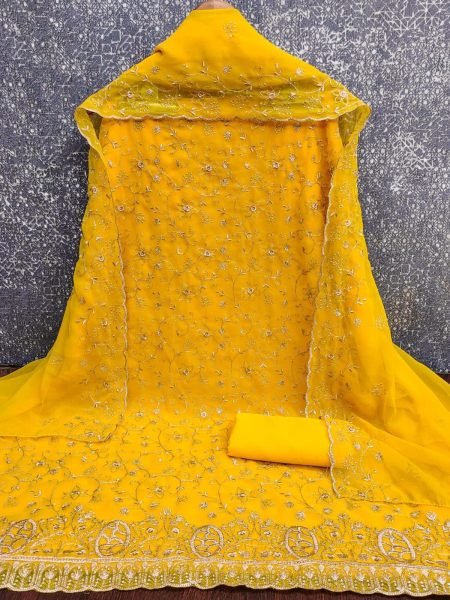 Exquisite Yellow Women's Georgette Dress Material with Traditional Zari Work Color Set Matching Dress Material Wholesale