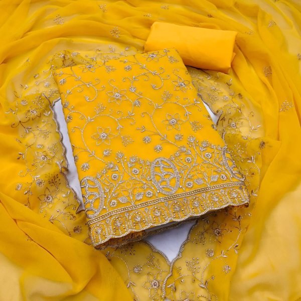Exquisite Yellow Women's Georgette Dress Material with Traditional Zari Work Color Set Matching Dress Material Wholesale