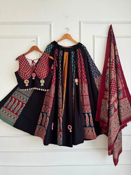 Extraordinary Black Red Navratri Special Heavy Ajrakh Cotton Lehenga Choli at Wholesale Rate Wholesale Lehengas Suppliers in Canada