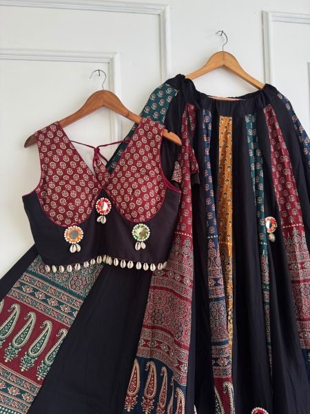 Extraordinary Black Red Navratri Special Heavy Ajrakh Cotton Lehenga Choli at Wholesale Rate Navratri Lehnega Choli