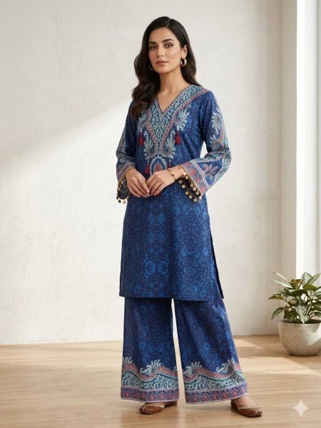 Extraordinary Blue Designer Printed Crepe Silk Co Ord Set for Summer Casual Wear Kurtis