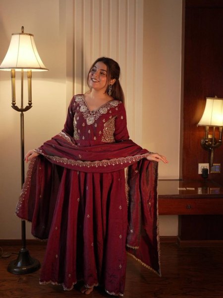 Extraordinary Brown Premium Vichitra Gown Pant Set with Sequence Embroidered Dupatta 